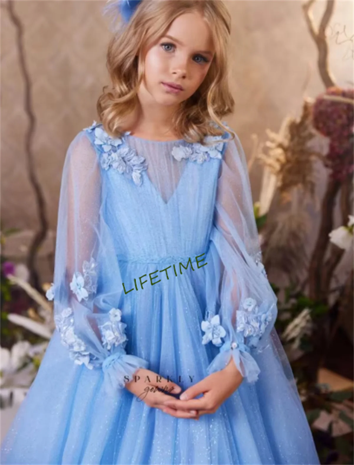 Princess A-Line Flower Girl Dress with Train Illusion V-Neckline Handmade Gorgeous First Communion Dress for Weddings