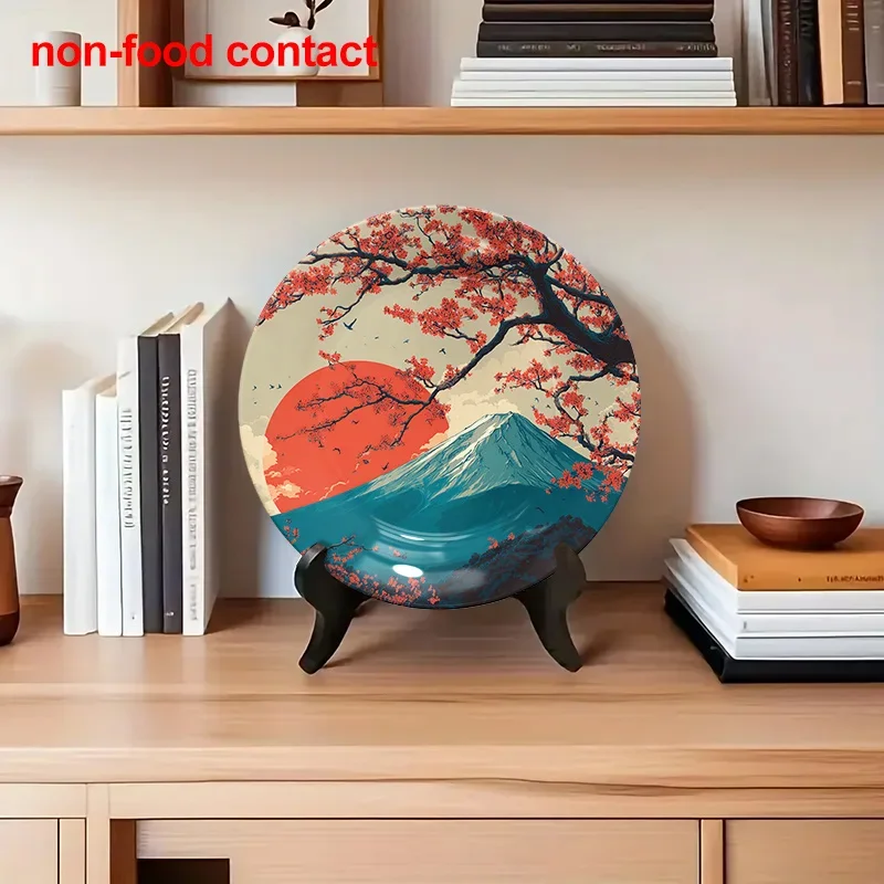 2D Flat, Handmade Japanese Mount Fuji & Cherry Blossoms Ceramic Wall Art Plate - 8-Inch Round Japanese Landscape Decor, Glossy