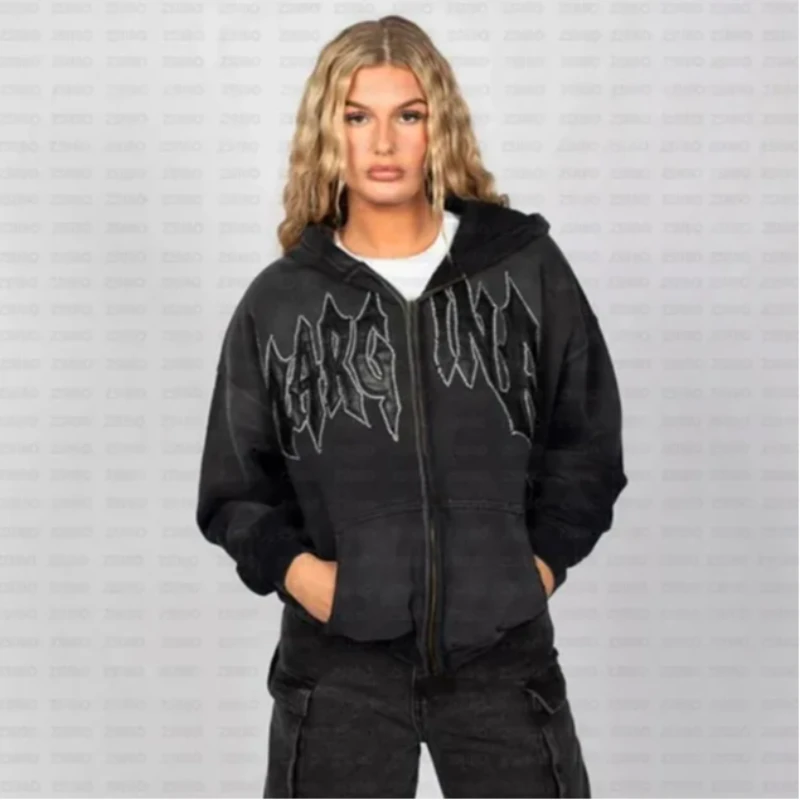 

Американский стильY2K, креативная толстовка с капюшоном на молнии и стразами, свободное, удобное, готическое, для мужчин и женщин, пальто для отдыха