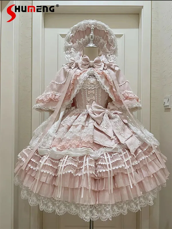 

Lolita Style Pink Dress Cloak Set Girls Women's Sweet Slim Fit Bow Lace Short Dress Set Spring New Blue Dress Vestidos De Mujer