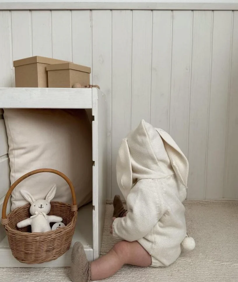 Ropa de punto para bebé recién nacido, mameluco con capucha de oreja de conejo, suéter de algodón para niño pequeño, Mono para niño