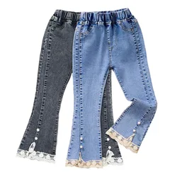 Girls Jeans Lace Elastic Waistline Denim Forking Nail Beads Pants Autumn Solid Color Trousers Spring Big Kid Girl Casual Clothes