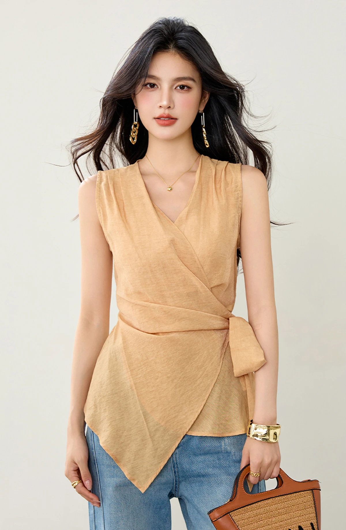 

Европейская и американская модная блузка-жилет с завязками на талии, элегантный облегающий топ без рукавов, стильная летняя женская блузка.