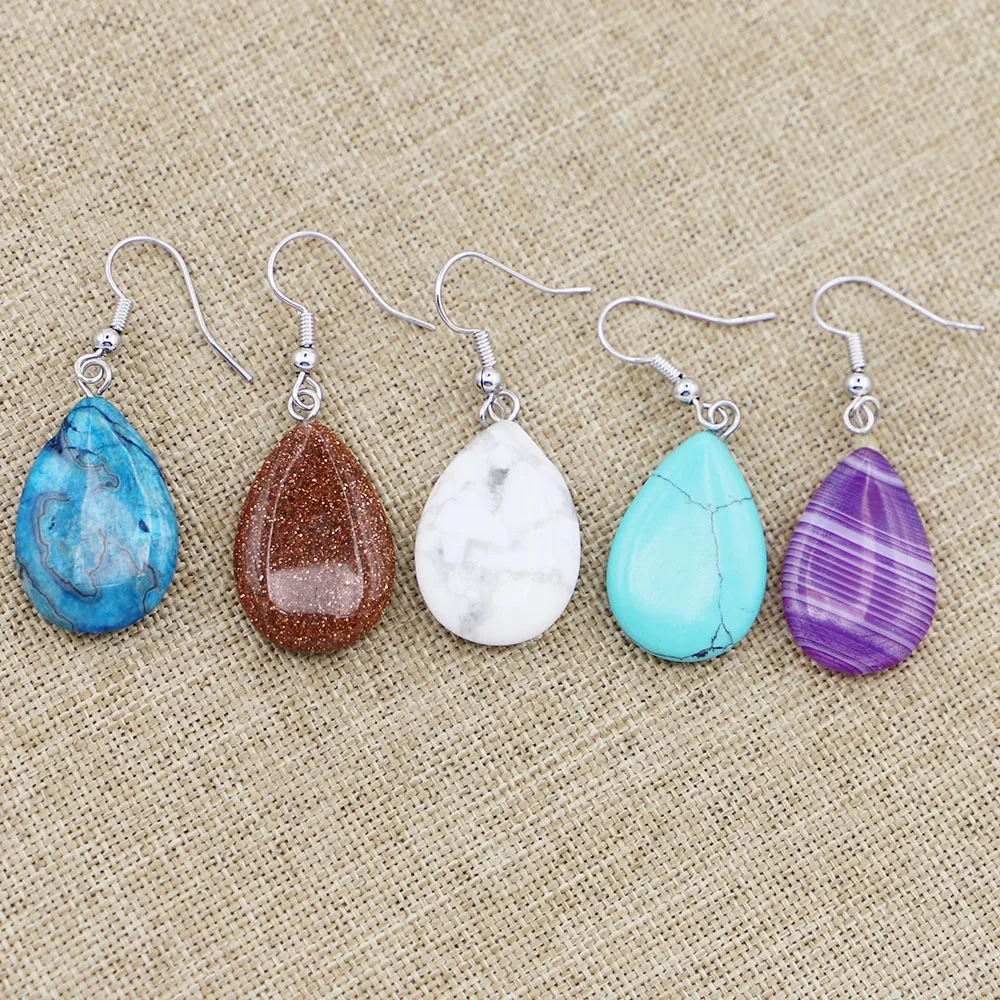 1Pair Natural Stone Flat Water Drop Earrings Pendant Rose Quartz Opal Crystal Agate Dangle Women Party Wedding Jewelry Wholesale