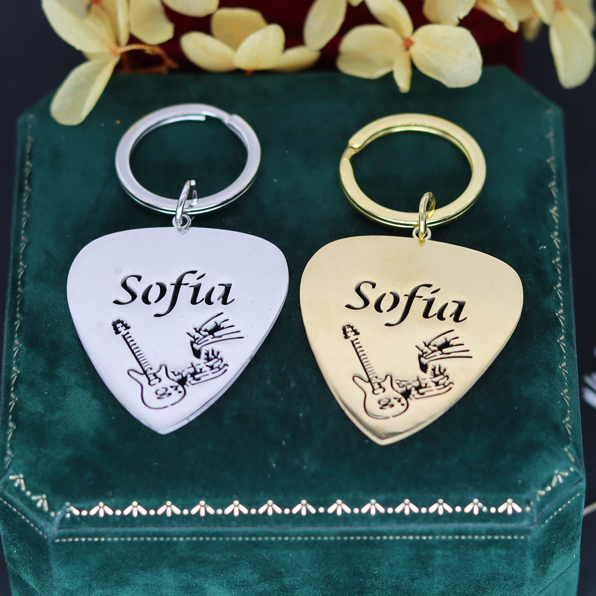 QIAMNI Rock Guitar Pick Musical Keychain for Women Men Stainless Steel Custom Name Key Chain Music Bag Charm Keyring Jewelry