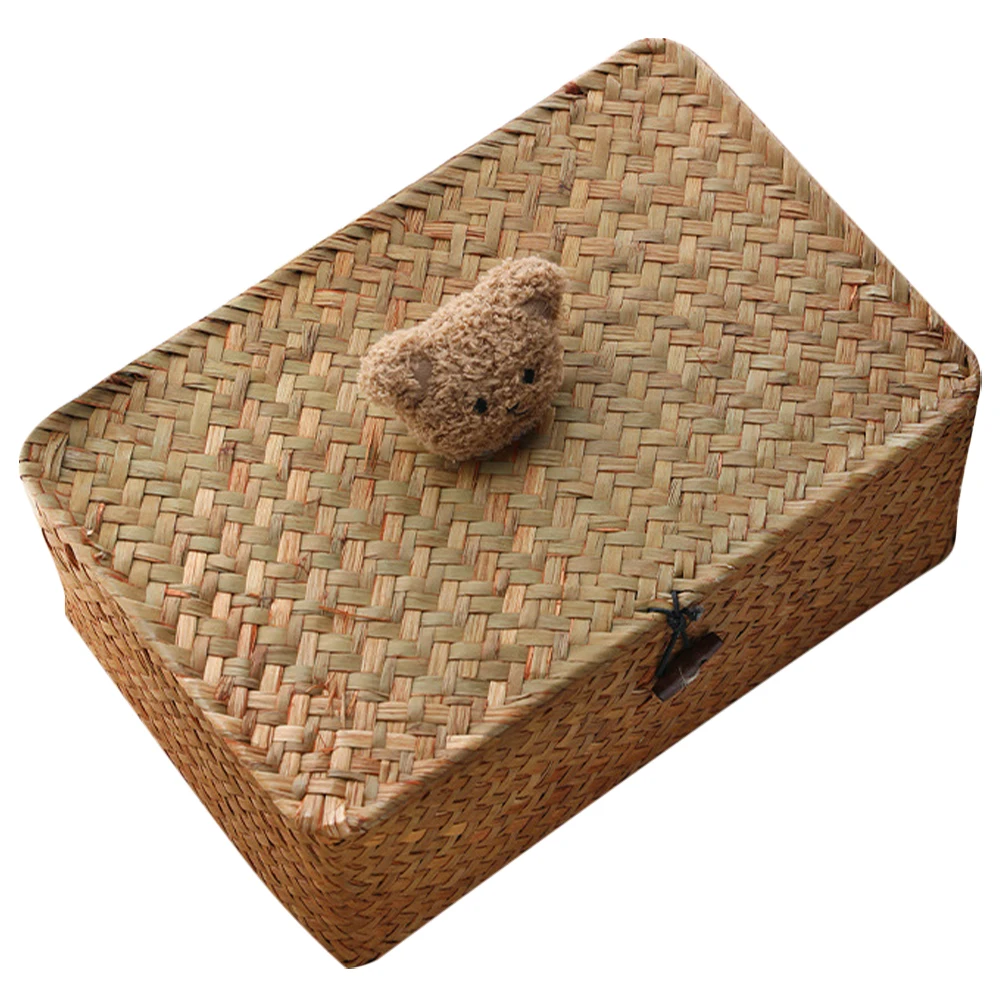

Small Bear Storage Box Straw Woven Basket Decorative Desktop Organizer Container Multipurpose Sundries Holder Storage Basket