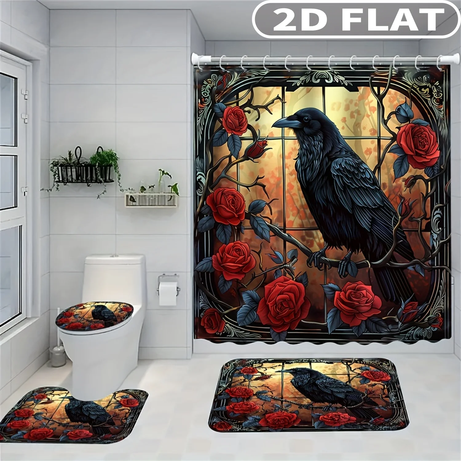 

1pc/ 4pcs 2D FLAT Crow Rose Stained Glass Pattern Pattern Shower Curtain Set, Accessories with Bath Mat, U-shaped Mat, Toilet L