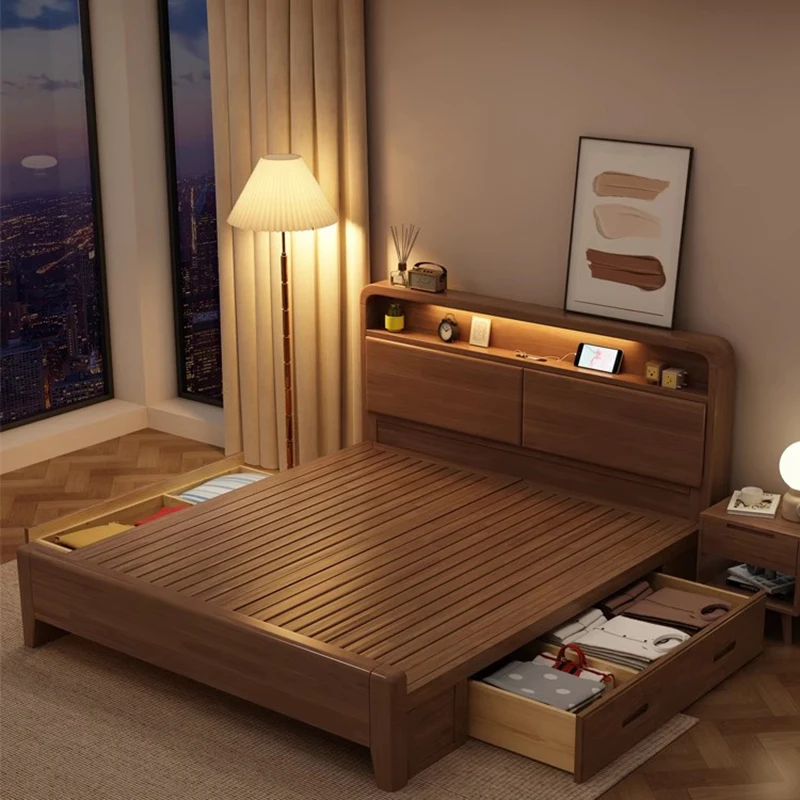 سرير جلدي أرضي، غرفة نوم أوروبية بسيطة، سرير مزدوج بحجم كينج، تصميم نوم، أثاث خشبي موفر للمساحة، أثاث عصري #5