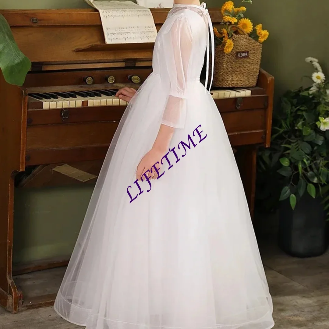 Customized Long White Tulle Dress for Girls Three Quarter Sleeve Birthday Gown Princess Costume Children's Piano Performance Out