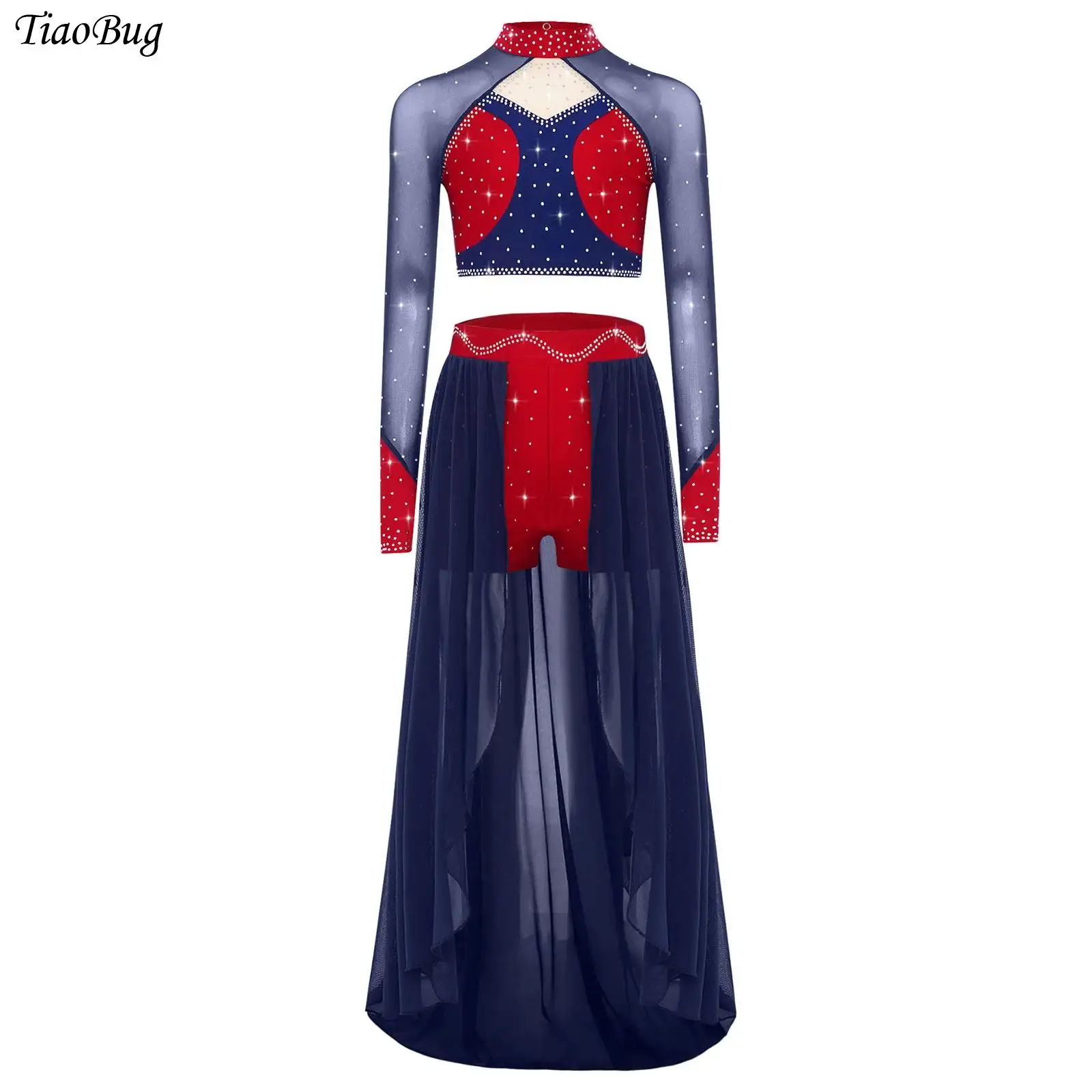 

Girls Modern Lyrical Dance Set Long Sleeve Sheer Mesh Rhinestone Crop Top And Skirt Outfit Jazz Ballet Gymnastic Skating Costume