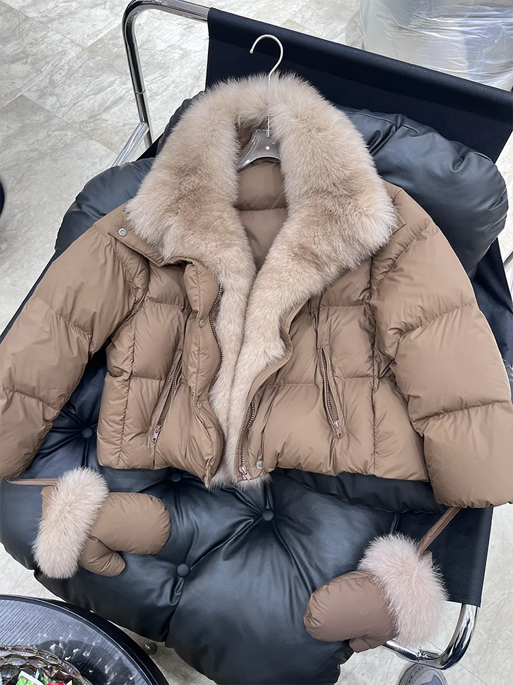 

Winter Warm Goose Down Jacket Real Fox Fur Collar Puffer Jacket With Gloves Women Thick Coat Luxury Outwear Female Coat