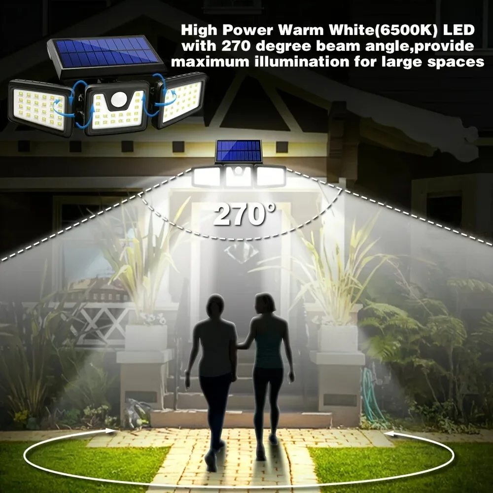 Solar Powered Outdoor Motion Sensor with Adjustable Head for Human Body Sensing Lighting for Garages Porches Streetlights