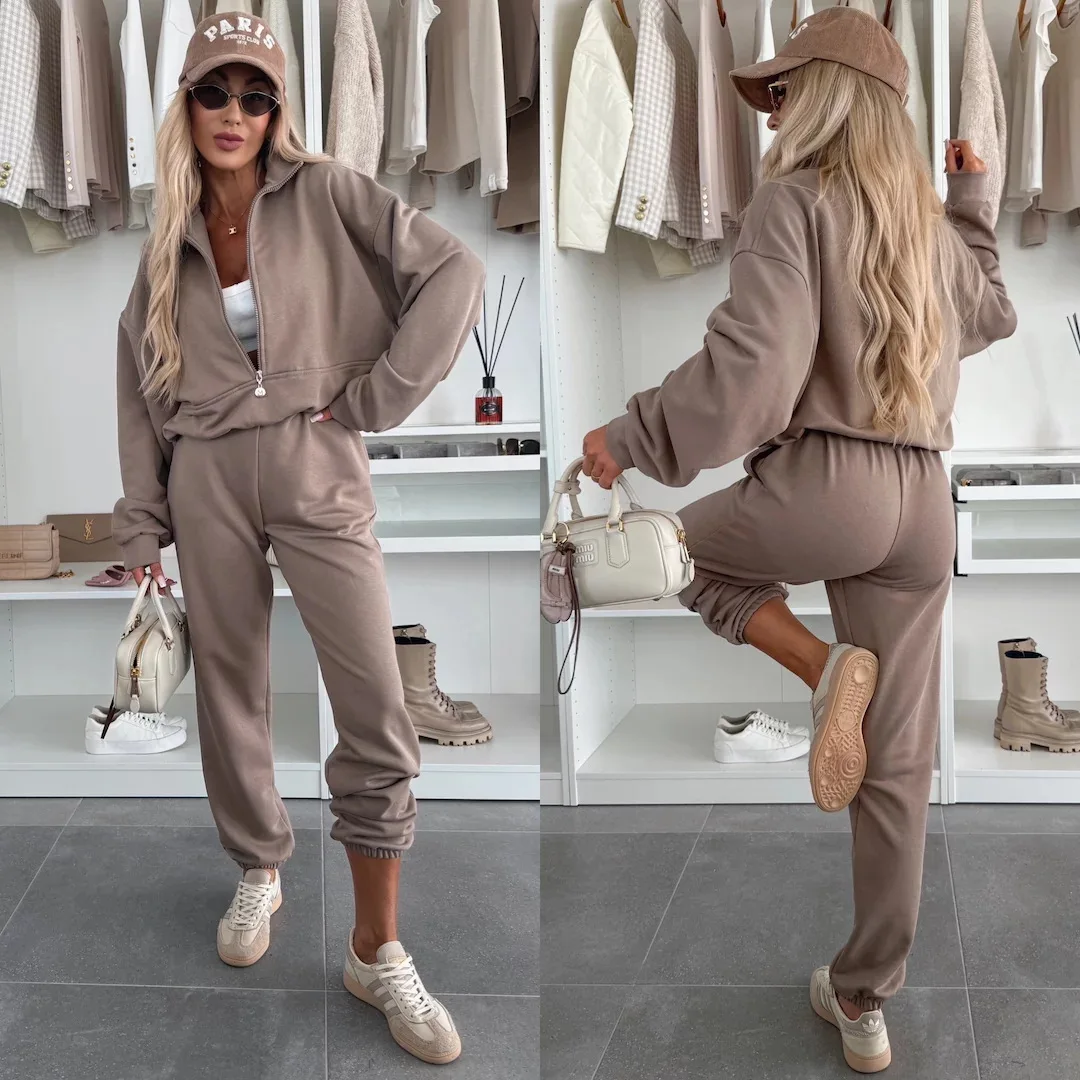 

2025 Новая повседневная модная женская однотонная толстовка на молнии с длинными рукавами, эластичные длинные брюки, комплект из двух предметов, удобный уличный стиль