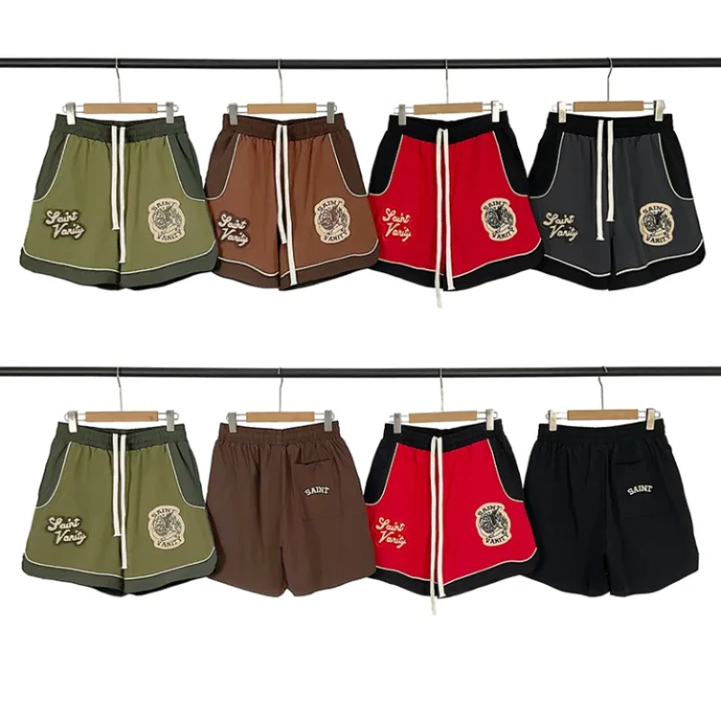 New SAINT VANITY Unisex Retro Street Shorts Chenille Embroidery Patches Contrast Trim Oversized Drawstring Bottoms