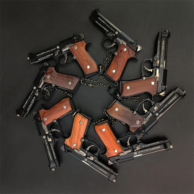 Solid Wood Handle 1:3 Metal Gun Keychain M92 Keyring Miniature Model Gun Alloy Pistol Pendant Collection Toy Gift