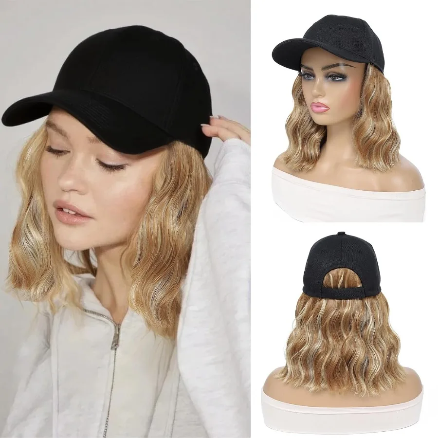 باروكة قبعة بيسبول قابلة للتعديل مع وصلات شعر مموجة طبيعية للنساء، قطعة شعر صناعية مجعدة ومموجة مثالية لـ Ev