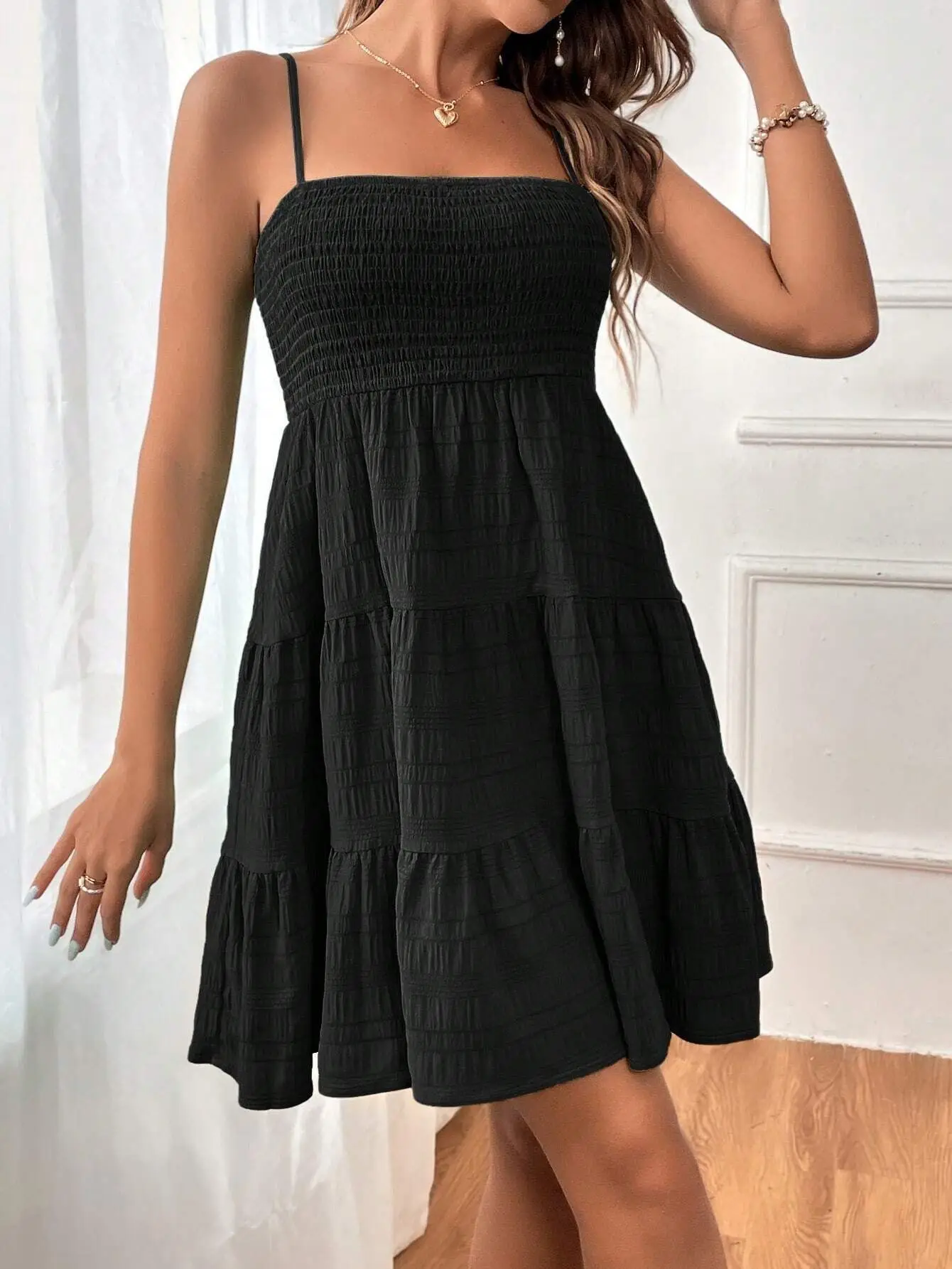 Damenmode Spaghetti-Träger Gerafftes Bustier Minikleid Blau Gerüschtes Mehrlagiges Swing-Kleid Sommer Lässige Urlaubs-Strandkleidung – Detail 11