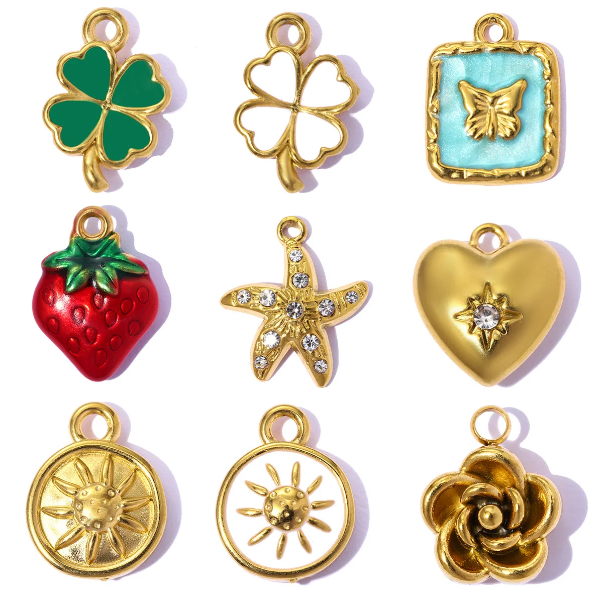 Lot de 5 breloques en acier inoxydable émaillé pour bracelet DIY, pendentifs pour collier en forme de trèfle, fleur de soleil, fraise, cœur, accessoires pour chaussures femme