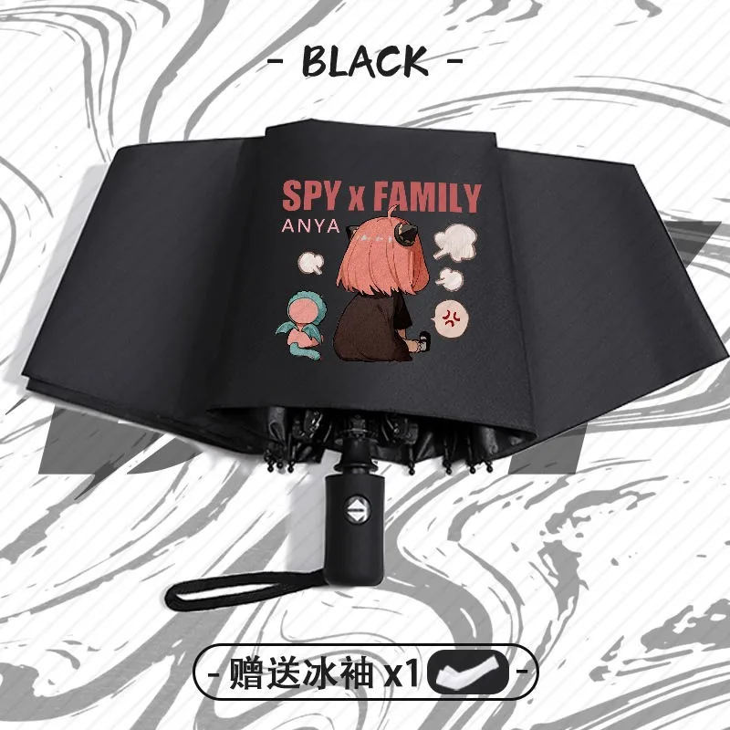 أسود أبيض أزرق جاسوس x Family، أنيمي شعبي لطيف Kawaii تشيبي، مضاد للأشعة فوق البنفسجية، مظلة مدمجة للسفر المطر التلقائي للنساء والطفل