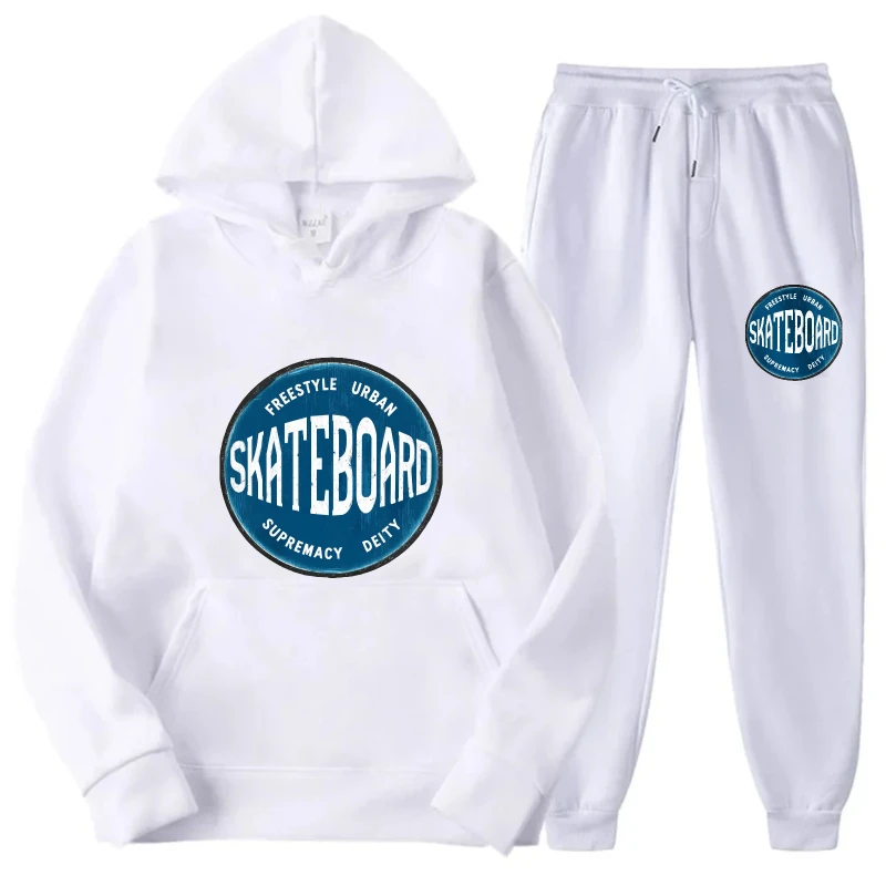 طقم هوديي سويت شيرت نسائي مطبوع باللون الأبيض وملابس ركض كاجوال مريحة للمنزل والارتداء اليومي