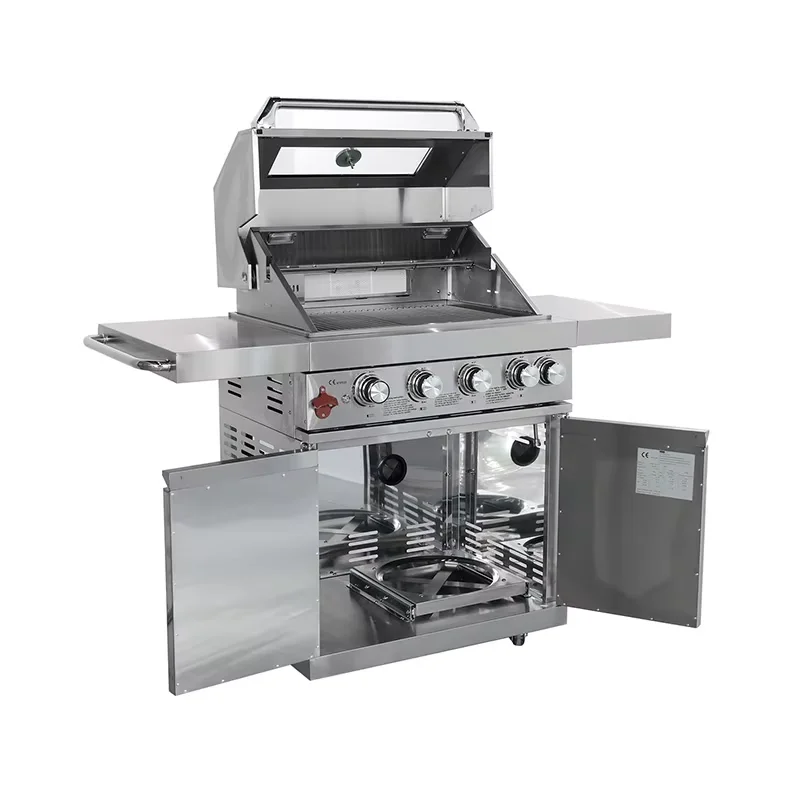 304 Stainless Steel Standalone 4+1 Burner Gas Barbecue Grill With Infrared Backburner, Glass Window, And Rotating Grill Plate