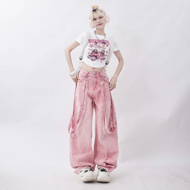 Pink Baggy Jeans Women Plus Size Lace Up Design Sexy High Waist Jeans Streetwear Straight Wide Leg Pants Cargo Pants Women New