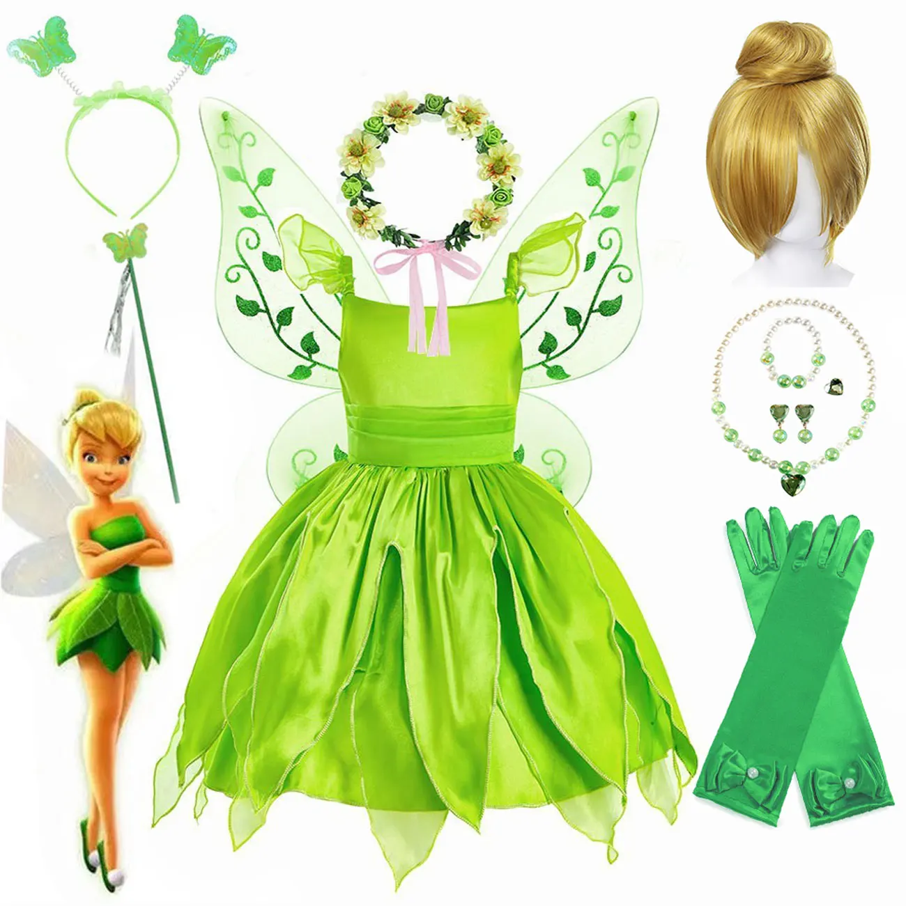 Disney Dress for Girls Princess Fairy Costume Kids Cosplay Green Flower Fairy Elf Wings TinkerBell Carnival Luxury Party Outfits