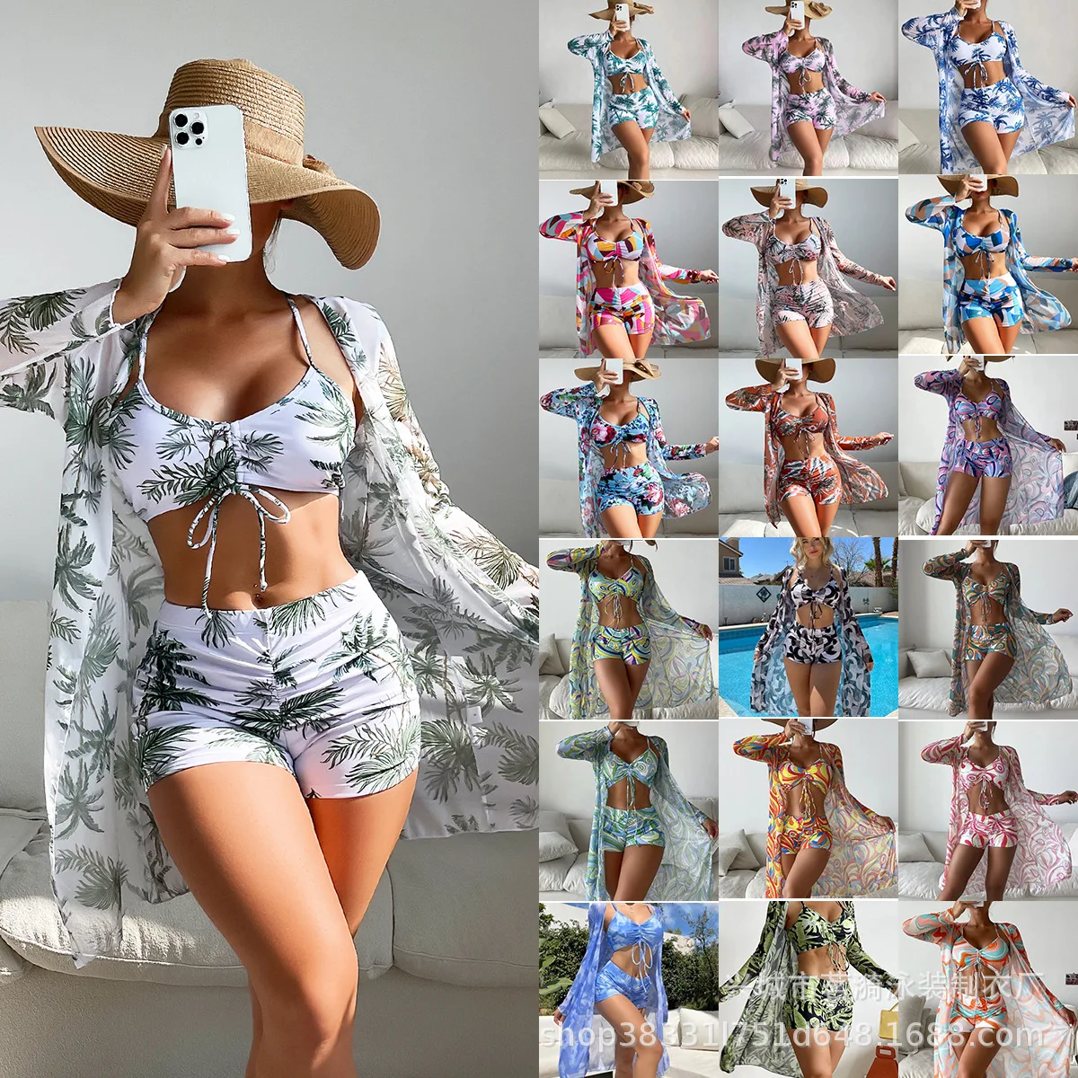 

Bathing Suit Women Multi-color European And American Mesh Blouse Fashionable And Sexy Leg-length Pants Three-piece Women's Swims
