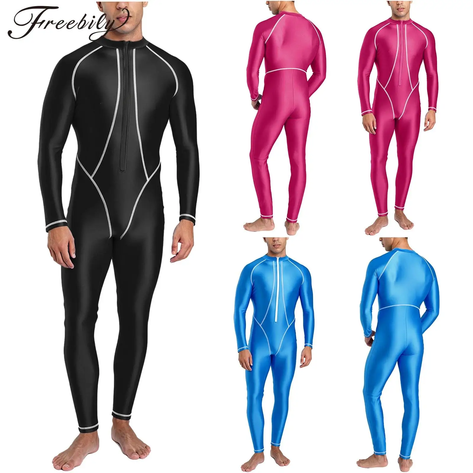 Men Full-body Coverage Rash Guard Bathing Suit Long Sleeves Glossy Jumpsuit One Piece Surfing Diving Bodysuit Swimwear
