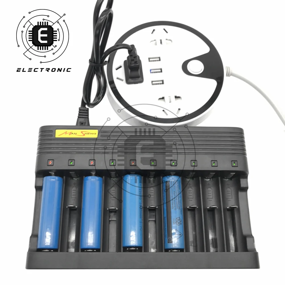 Independent Slot EU US Plug Charger Compact 10-Slot Battery Charger 3.7/4.2V 14500 16340 18650 Li-ion Rechargeable Battery