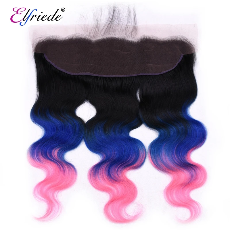 Elfriede Body Wave vor gefärbte # t1b/blau/rosa Haar bündel mit frontalem Menschenhaar 3 Bündel mit transparenter Spitze frontal 13x4