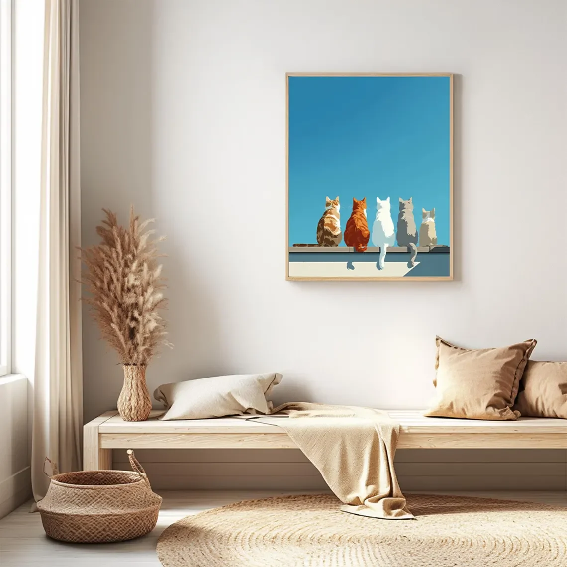 Minimalist Cats on Wall Art Print - Modern Cat Lovers Poster, Five Cats Watching the Sky Illustration, Serene Pet Wall Decor f