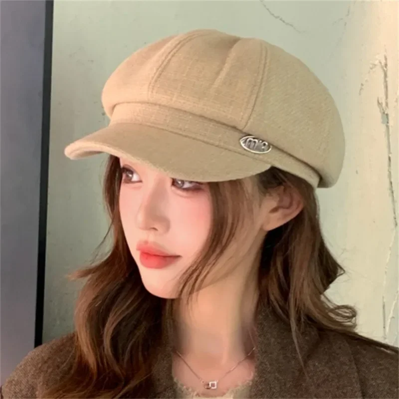 Solid color casual octagonal cap autumn and winter face small Japanese octagonal hat fashion cap