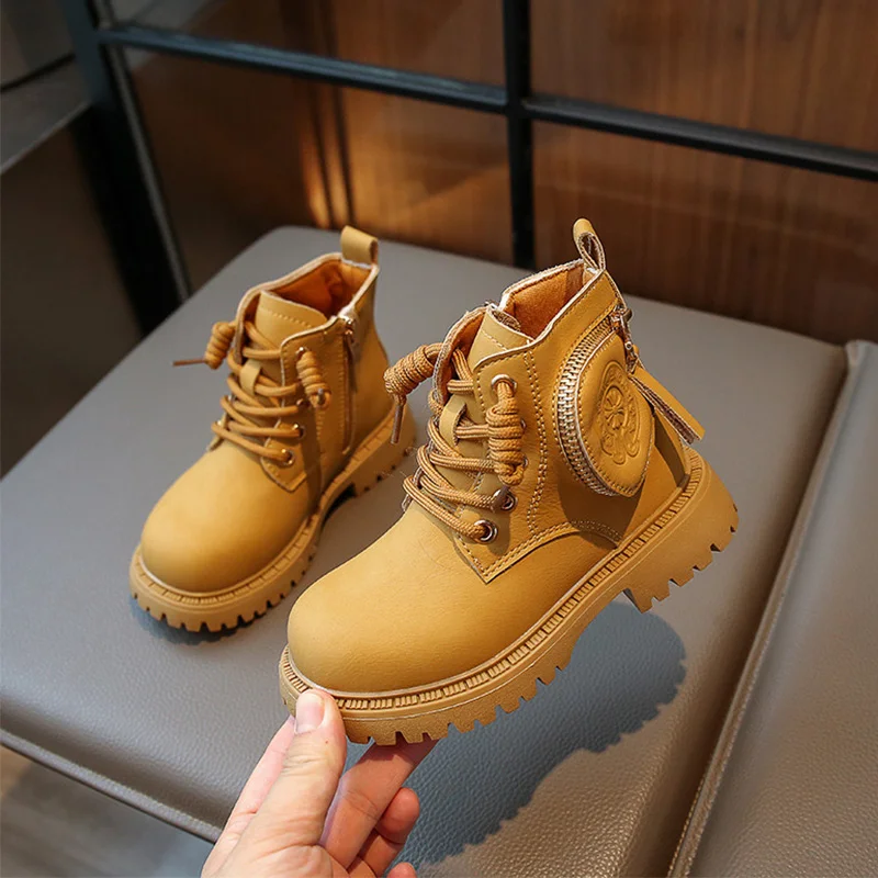 

2023 Autumn Kids Zip Martin Boots Girls Boys Lace Up Non-slip Shoes for Children Fashion Square Heel Leather Ankle Boot 26-36