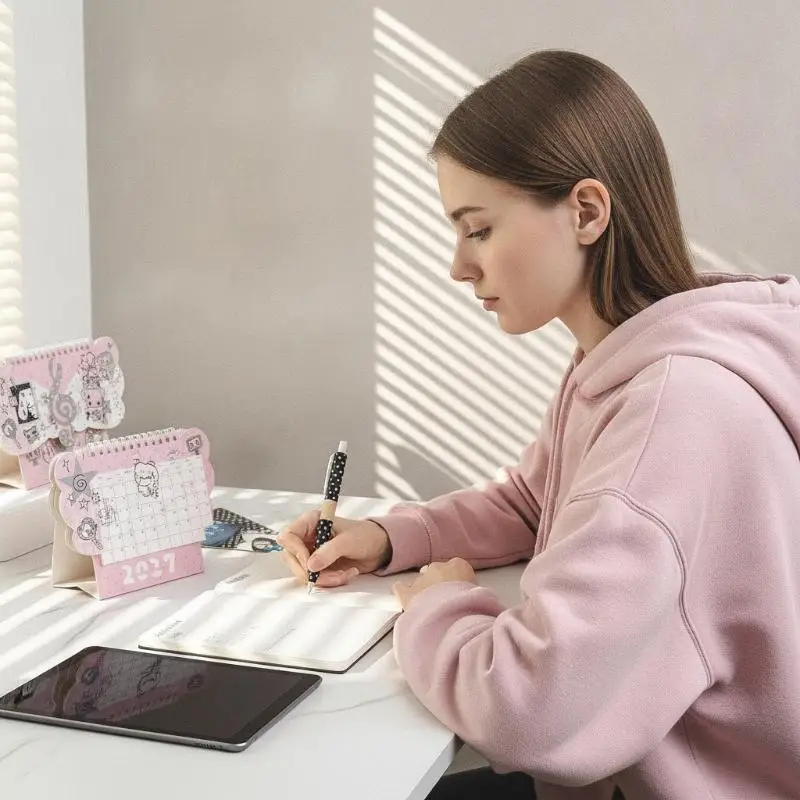 Mini Paper Desk Calendar Spiral Bound Angel Wing Pattern Small Portable Table Planner for Home Office Daily Schedule