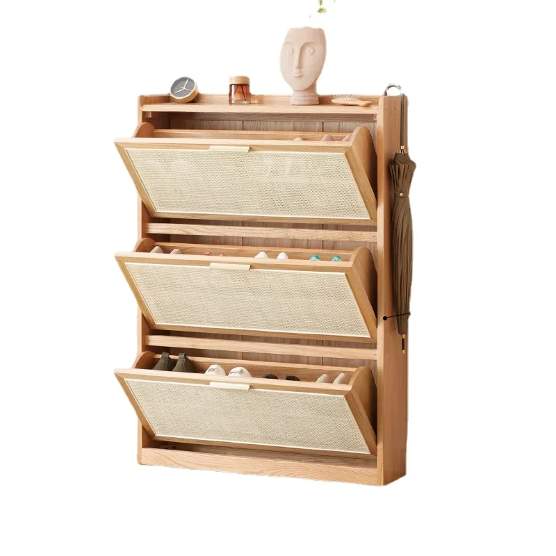 Solid Wood Ultra-Thin Shoe Cabinet Popular Household Rattan Narrow Entrance Cabinet Household Tilting Locker