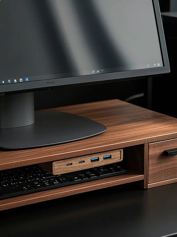 USB 3.2 Hub with Self-Adhesive Mount, Wooden Monitor Riser, High-Speed Data Splitter