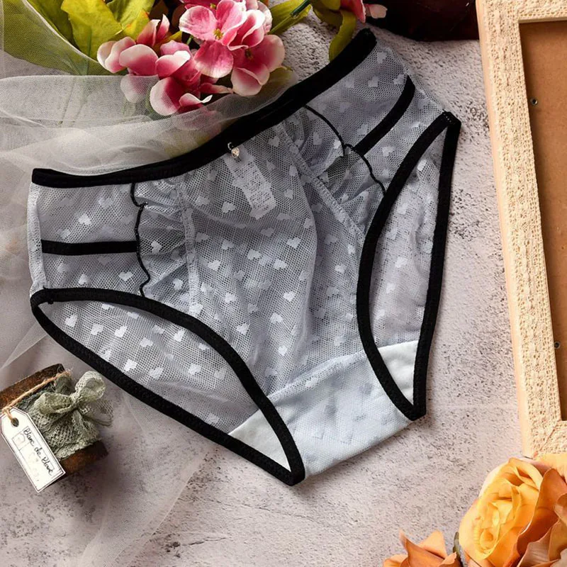 Ultra Thin Lace Mesh See Through Panties Cute Lolita Kawaii Heart Printing Sexy Drill Lingerie Plus Size Female Underwear 6XL