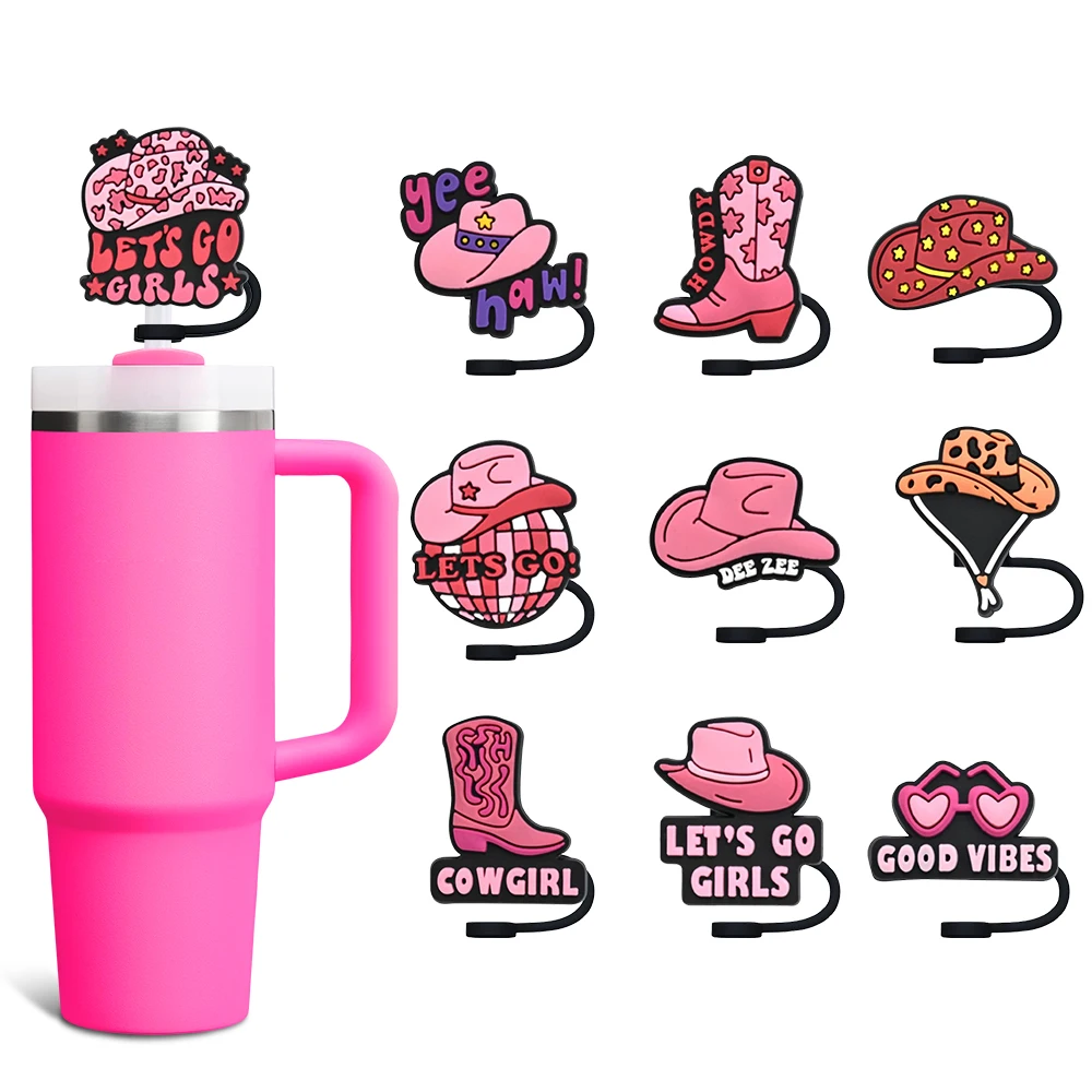 

Pink Cowboy Girl Straw Cover Cap 10MM Straw Plug Eco-friendly Splash Proof Drinking Cup Charms Pendent Home Party Gift