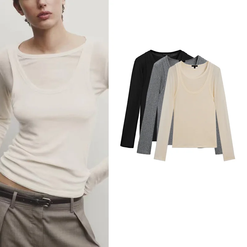 

Spring New Design Women's Long Sve Knitted T-irt Ribbed round Ne Inner Wear Double Layer Polyester Fiber Slim Fit Sle
