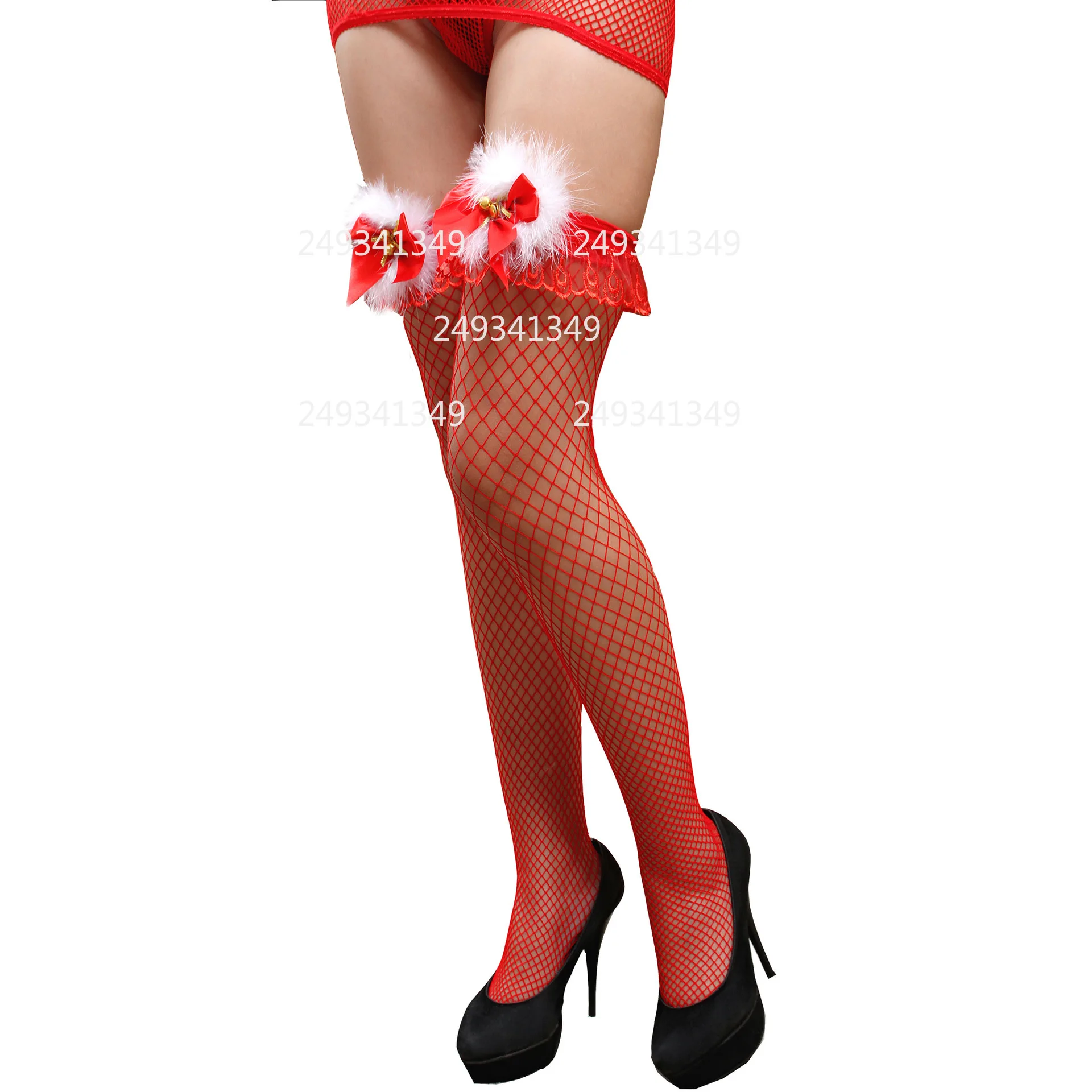 ถุงน่องคอสเพลย์สีแดงลายโบว์หวานสำหรับผู้หญิง ถุงน่องตกแต่งขนปุยสำหรับคริสต์มาส ถุงน่องตาข่ายยาวสำหรับงานปาร์ตี้คริสต์มาส อุปกรณ์เสริมสำหรับชุดแฟนซี
