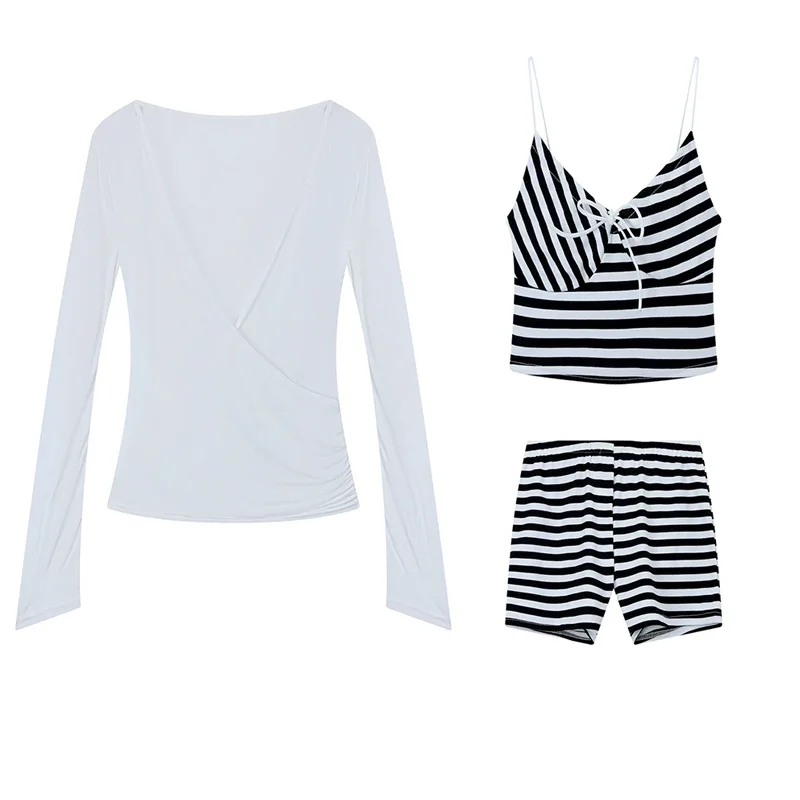 

sexy black bow striped shorts bikini sets 3pcs swimsuits with long sleeve mesh cover smock swimwear beach outfits sweet biquini