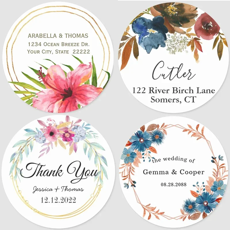 Custom Ronde Bloemen Bruiloft Aangepaste Naamtekst Gepersonaliseerde Verjaardag Baby Shower Doopsel Gender Openbaarmaking Sticker