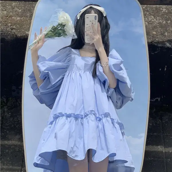 Japanese Sweet Dress Women Cute Puff Sleeve Blue Loose Mini Dress Women Summer Kawaii Style Vintage Fairy Dress New 2022