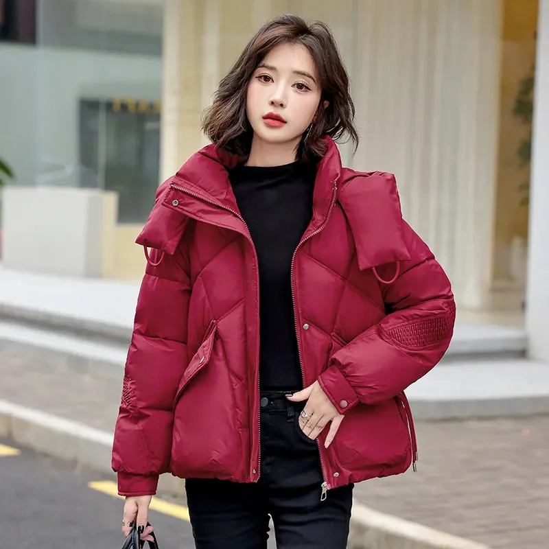 2024 New Cotton-padded Female Korean Version Loose Slim Detachable Hat Short Coat Bread Clothing Cotton-padded Jacket Trend