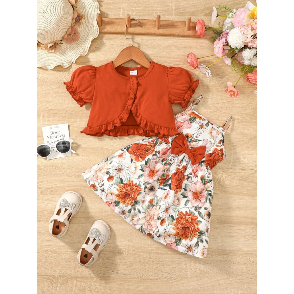 Clothes for Kids Girl 1-6 Years 2PCS Set Sling Floral Dress Solid Short Sleeves Overcoat Costume Summer Dress Girl Outfit