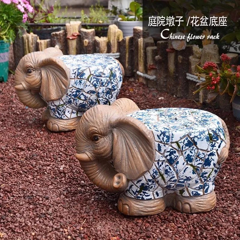 

Cartoon courtyard animal decoration ornament blue and white elephant pier courtyard garden flower pot base balcony outdoor chair