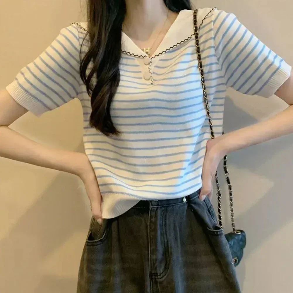 

Casual Daily Use Striped T Shirt Knitted T Shirt For Women Apricot Polyester Fabric Regular Length Slightly Stretchy