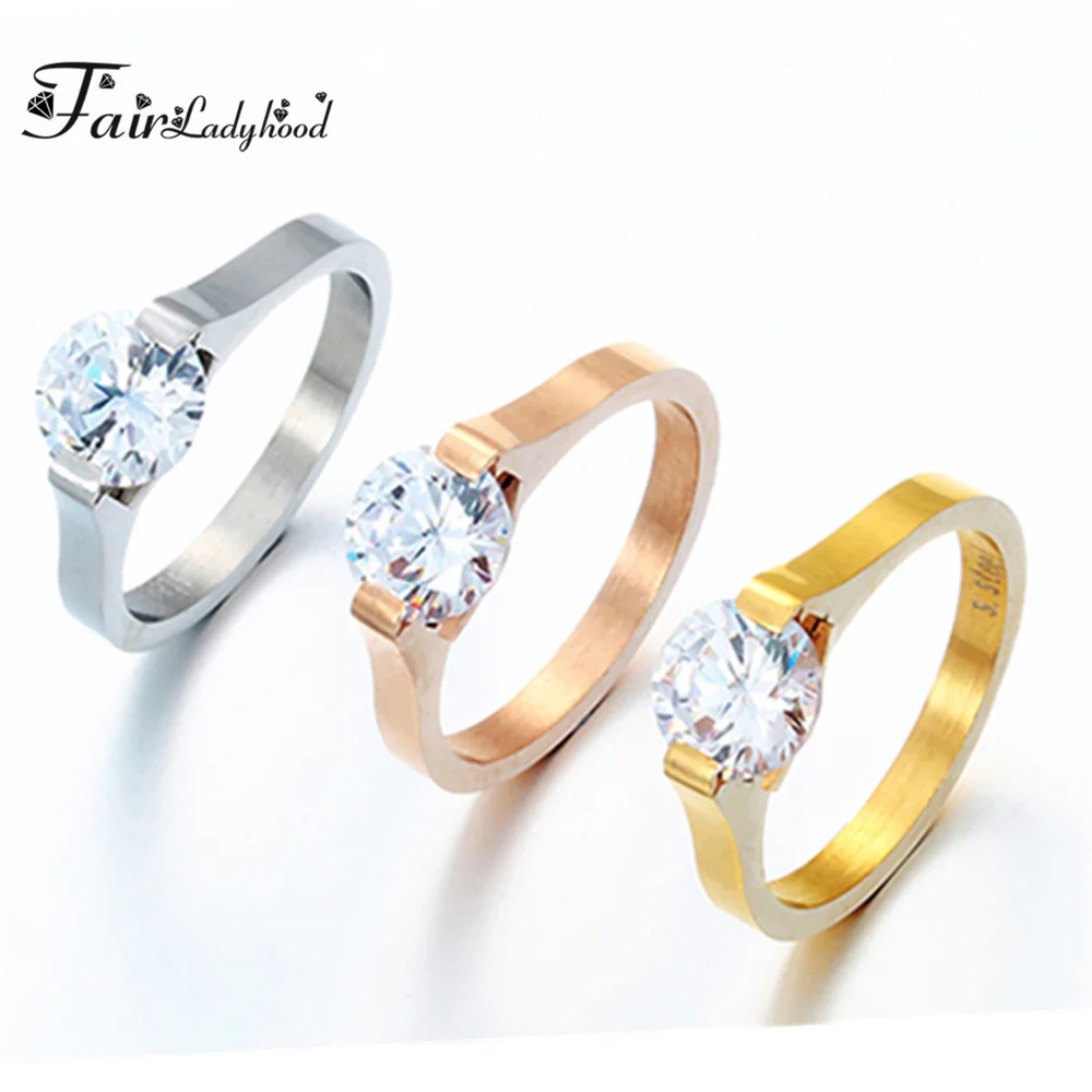 FairLadyHood New Fashion 316L Stainless Steel Rings Shining Crystal Men Women Wedding Engagement Rings 3 Colors Available