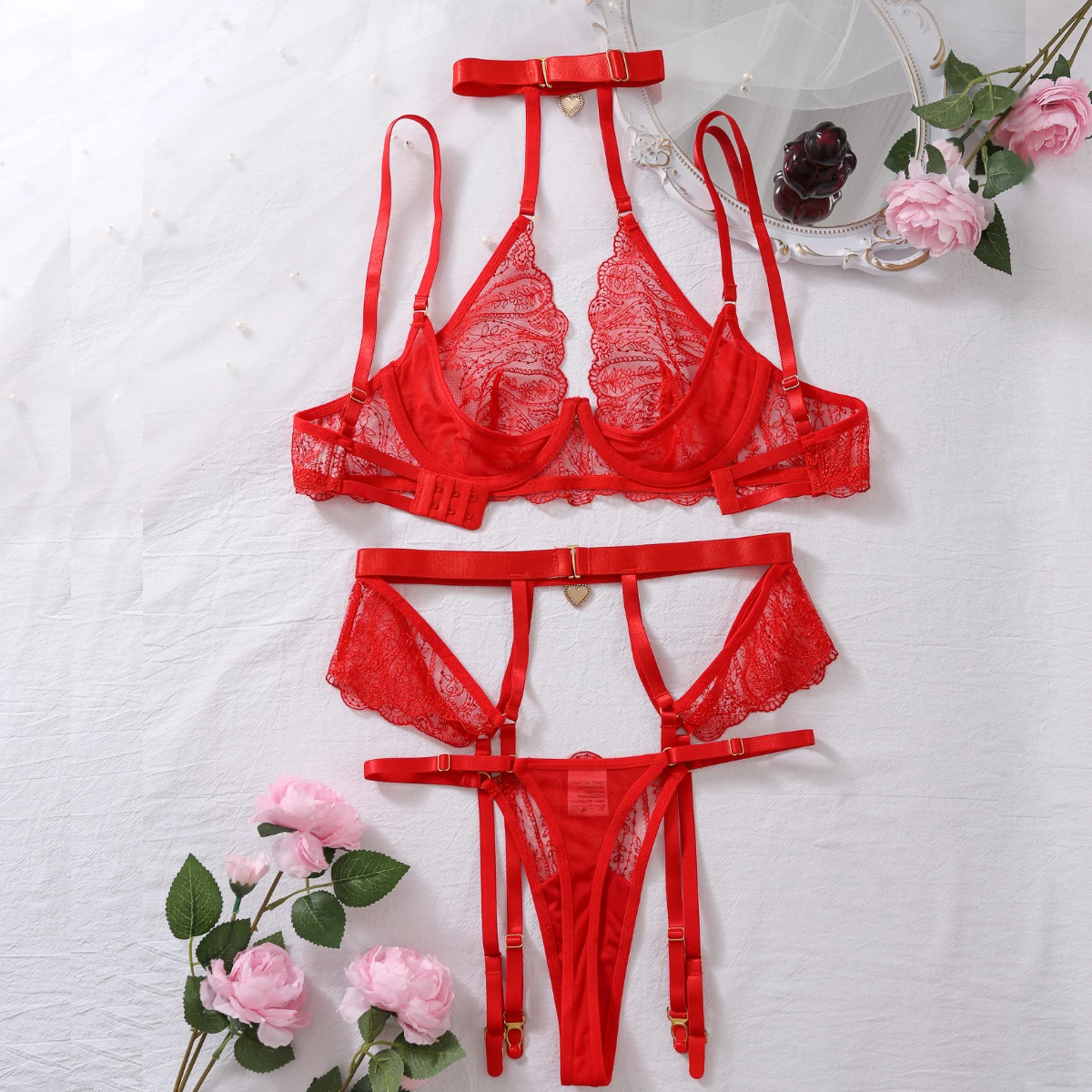 MUZISKAT 2024 New Sexy Red Underwear Set with Perspective Embroidery, Sexy Eyelash and Lace Shaper for Women\'s Underwear 3-piece